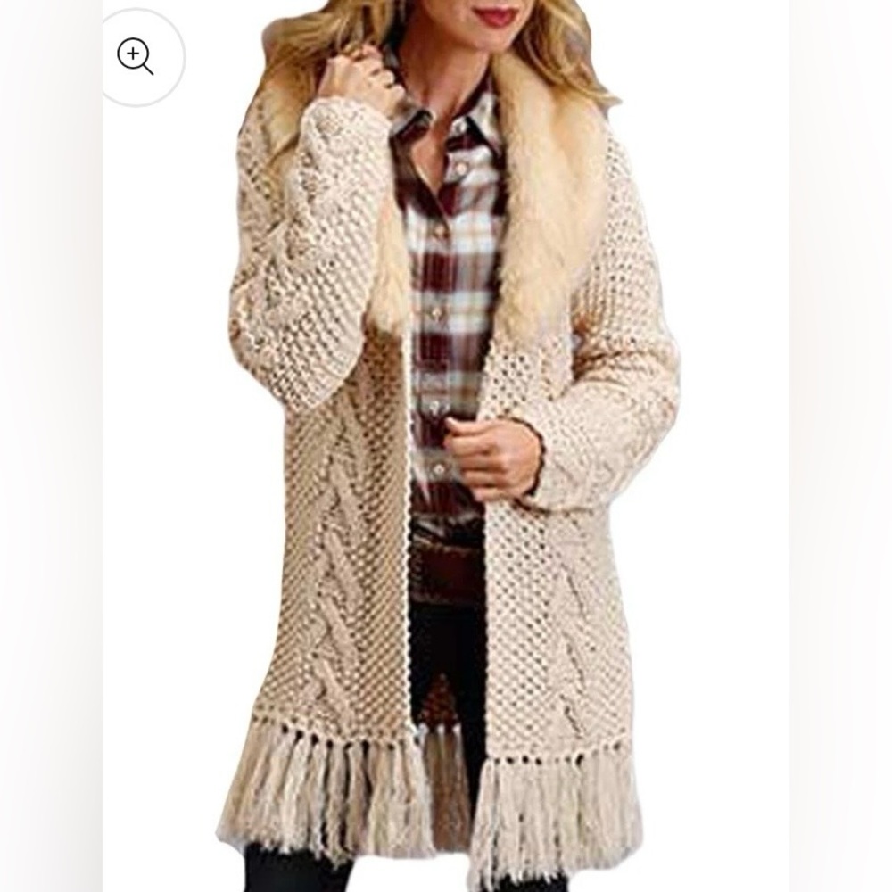 Stetson Cable Knit Fringe Sweater with Fur Collar